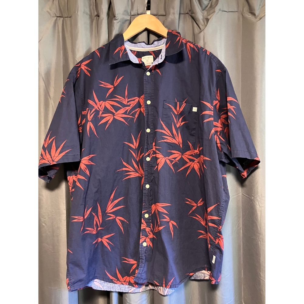 Jack O'Neill Button Up Shirt Mens 2XL Navy Blue Red Bamboo Leaf Short Sleeve